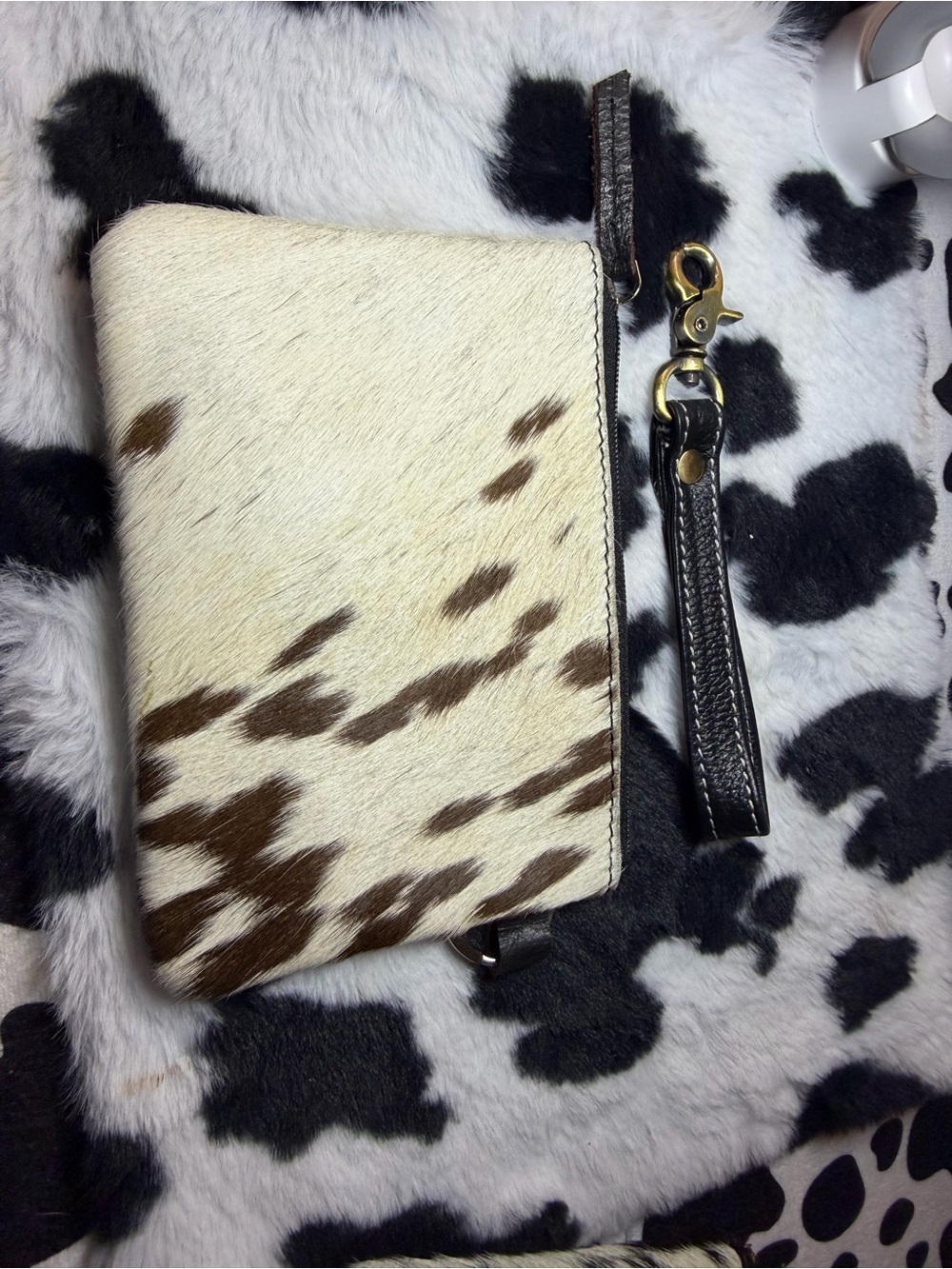 Cowhide Wristlet Clutch in White and Brown